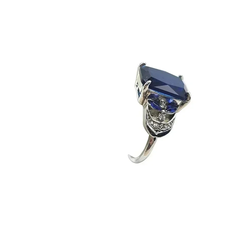 Clear Rhinestone Royal Blue Zircon Engagement Ring Size 9 Silver Tone VTG